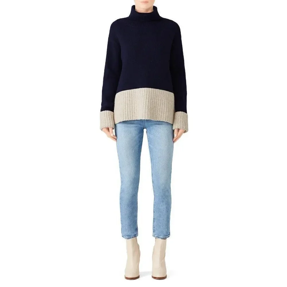 Derek 10 Lam Crosby Wool Blue Grey Turtleneck Contrast Block Sweater Size S